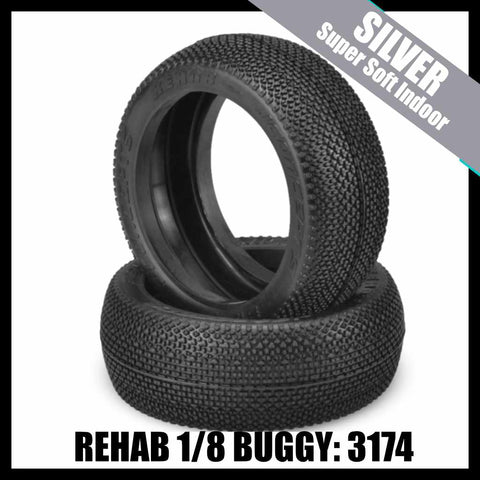 JConcepts  3174-06  ReHab  1/8 Buggy Tires (2) - Silver (Super Soft Indoor)