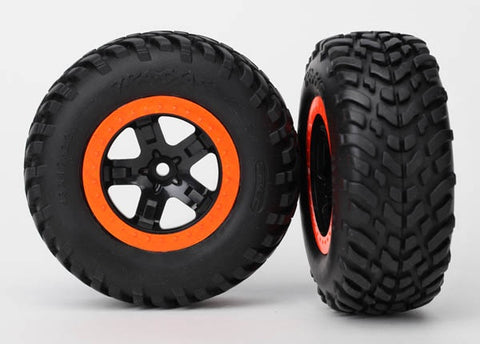 Traxxas 5863R Tires & wheels, assembled, glued (S1 compound) (SCT, black, orange beadlock wheels, dual profile (2.2' outer, 3.0' inner), SCT off-road racing tires, foam inserts) (2) (4WD f/r, 2WD rear) (TSM rated) 0.48
