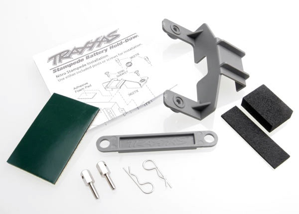 Traxxas 3627X Battery hold-down (grey) (1) / receiver hold-down (grey) (1) / metal posts (2)/ spacers (2)/ body clips (2)/ servo tape/ adhesive foam pad 0.05