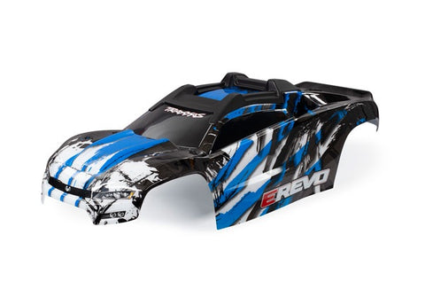Traxxas 8611X - Body, E-Revo, blue/ window, grille, lights decal sheet (assembled with front & rear body mounts and rear body support for clipless mounting)