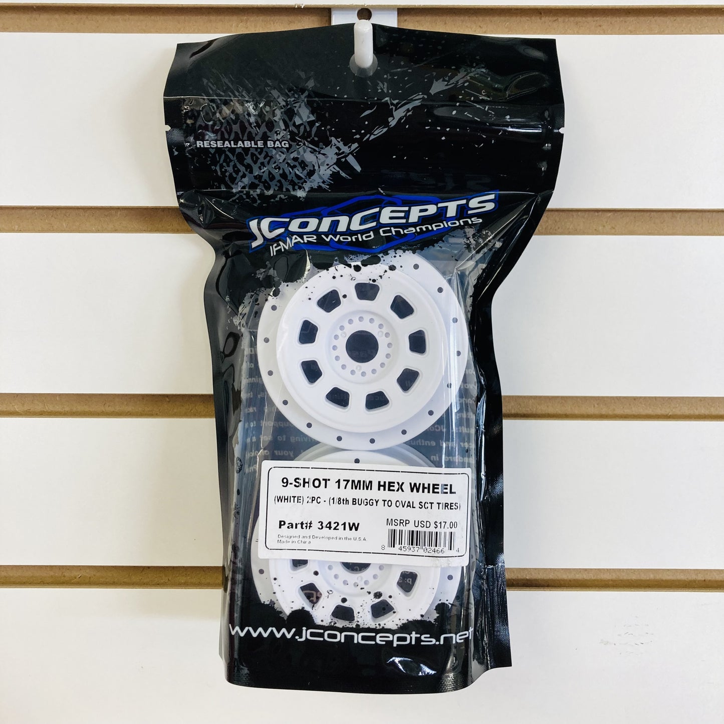 JConcepts 3421W 9-Shot 17mm Hex Tire Wheel White for 1/8th Buggy to Dirt Oval SCT Tires
