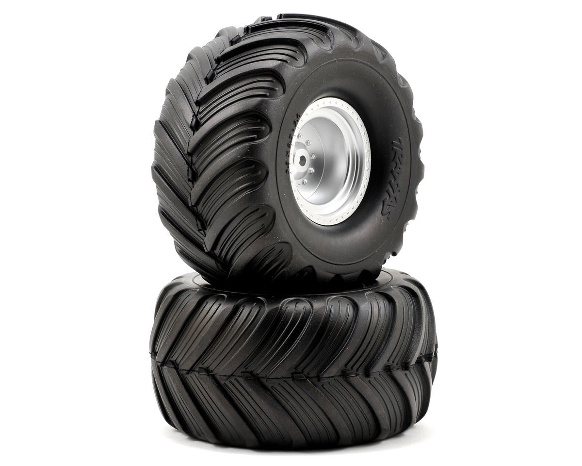 Traxxas 3663 Tires & wheels, assembled, glued (satin chrome wheels, Terra Groove dual profile tires, foam inserts) (2WD electric rear) (2) 0.78