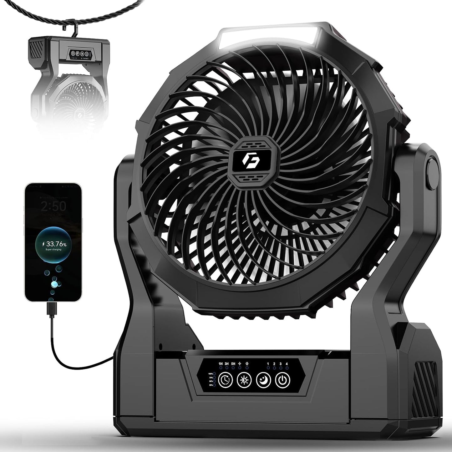 24000mAh Rechargeable Camping Fan, 64H Runtime Battery Powered Portable Travel Fan with LED Light