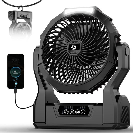 24000mAh Rechargeable Camping Fan, 64H Runtime Battery Powered Portable Travel Fan with LED Light