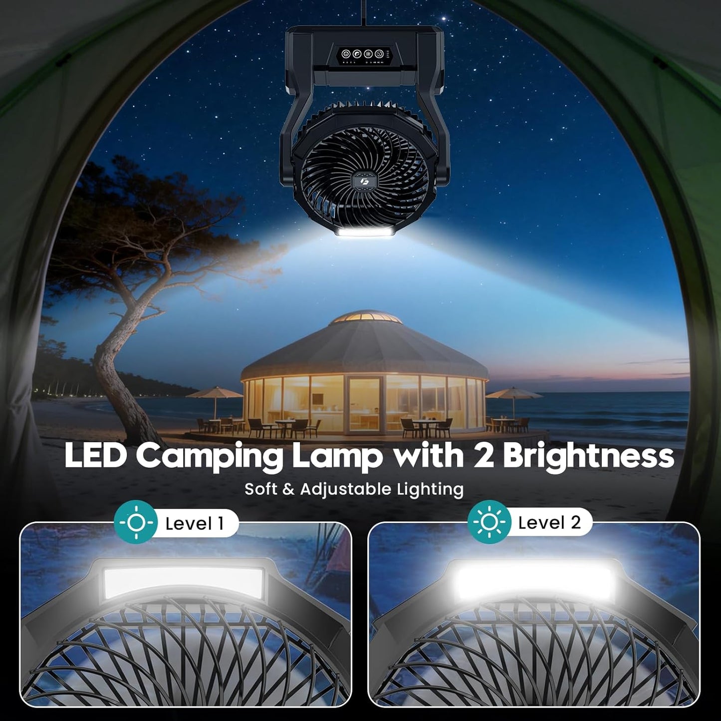 24000mAh Rechargeable Camping Fan, 64H Runtime Battery Powered Portable Travel Fan with LED Light