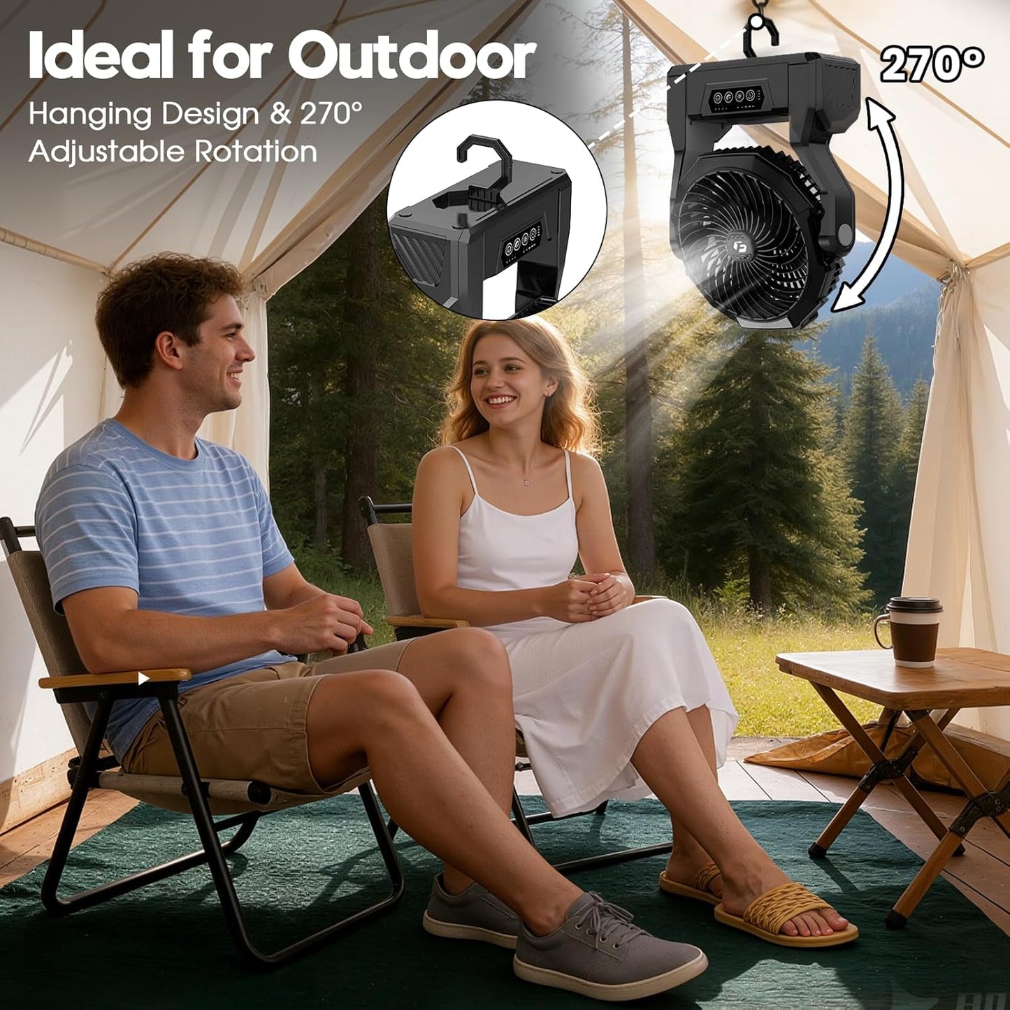 24000mAh Rechargeable Camping Fan, 64H Runtime Battery Powered Portable Travel Fan with LED Light