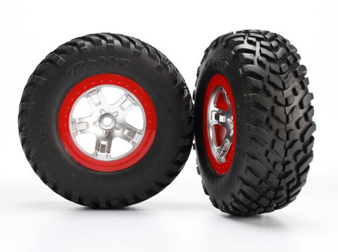 Traxxas 5873R Tires & wheels, assembled, glued (SCT satin chrome red beadlock wheels, ultra-soft S1 compound off-road racing tires, inserts) (2) (2WD rear, 4WD f/r) 0.48