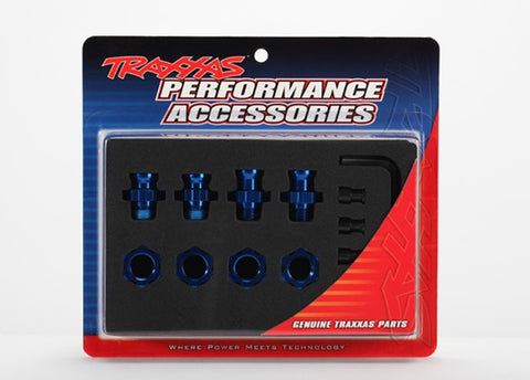 Traxxas 5853X Wheel hubs, splined, 17mm, short (2), long (2)/wheel nuts, splined, 17mm (4) (blue-anodized)/ hub retainer M4x0.7 (4)/axle pin (4)/wrench, 5mm 0.245