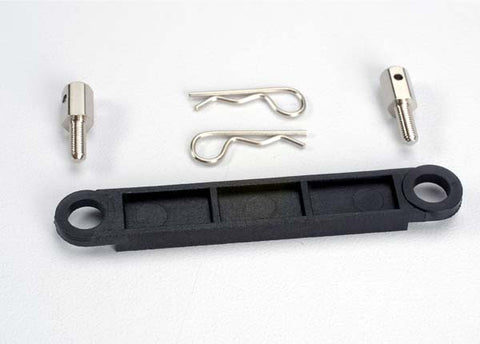 Traxxas 3727 Battery hold-down plate (black)/ metal posts (2)/body clips (2)