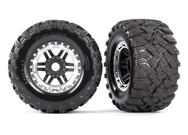 Traxxas 8972X Tires & wheels, assembled, glued (black, satin chrome beadlock style wheels, Maxx® MT tires, foam inserts) (2) (17mm splined)