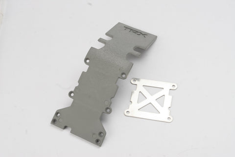 Traxxas 4938A - Skidplate, rear plastic (grey)/ stainless steel plate