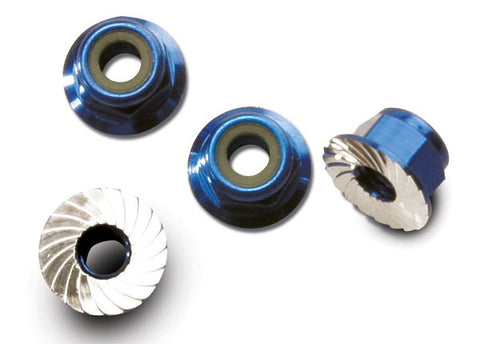 Traxxas 1747R Nuts, aluminum, flanged, serrated (4mm) (blue-anodized) (4) 0.015
