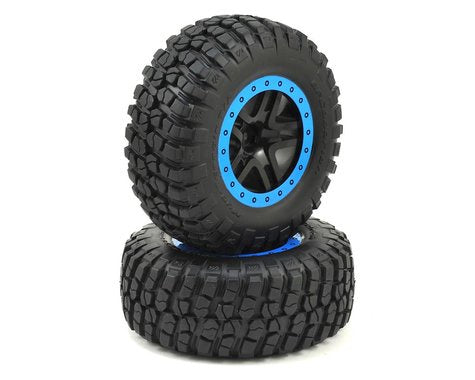 Traxxas 5885A Tire & wheel assy, glued (SCT Split-Spoke, black, blue beadlock wheels, BFGoodrich® Mud-Terrain  tires, inserts) (2) (2WD Front) 0.555