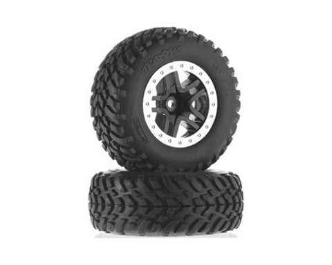 Traxxas 5889 Tires & wheels, assembled, glued (SCT Split-Spoke black, satin chrome beadlock style wheel, dual profile (2.2' outer, 3.0' inner), SCT off-road racing tires, foam inserts) (2) (4WD f/r, 2WD rear) (TSM rated) 0.5