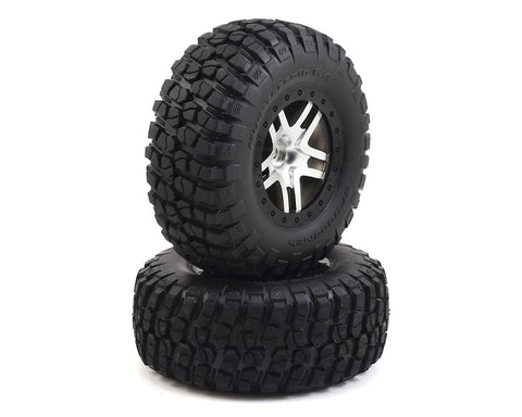 Traxxas 6873 Tires & wheels, assembled, glued (SCT Split-Spoke satin chrome, black beadlock style wheels, BFGoodrichÃÂ® Mud-TerrainÃÂ T/AÃÂ® KM2 tires, foam inserts) (2) (4WD f/r, 2WD rear) (TSM rated) 0.555
