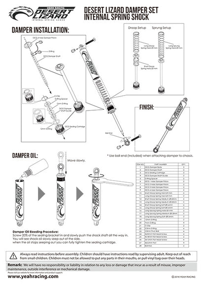 Yeah Racing DDL-110BK 110mm Desert Lizard Two Stage Internal Spring Damper Pair Black For Crawler
